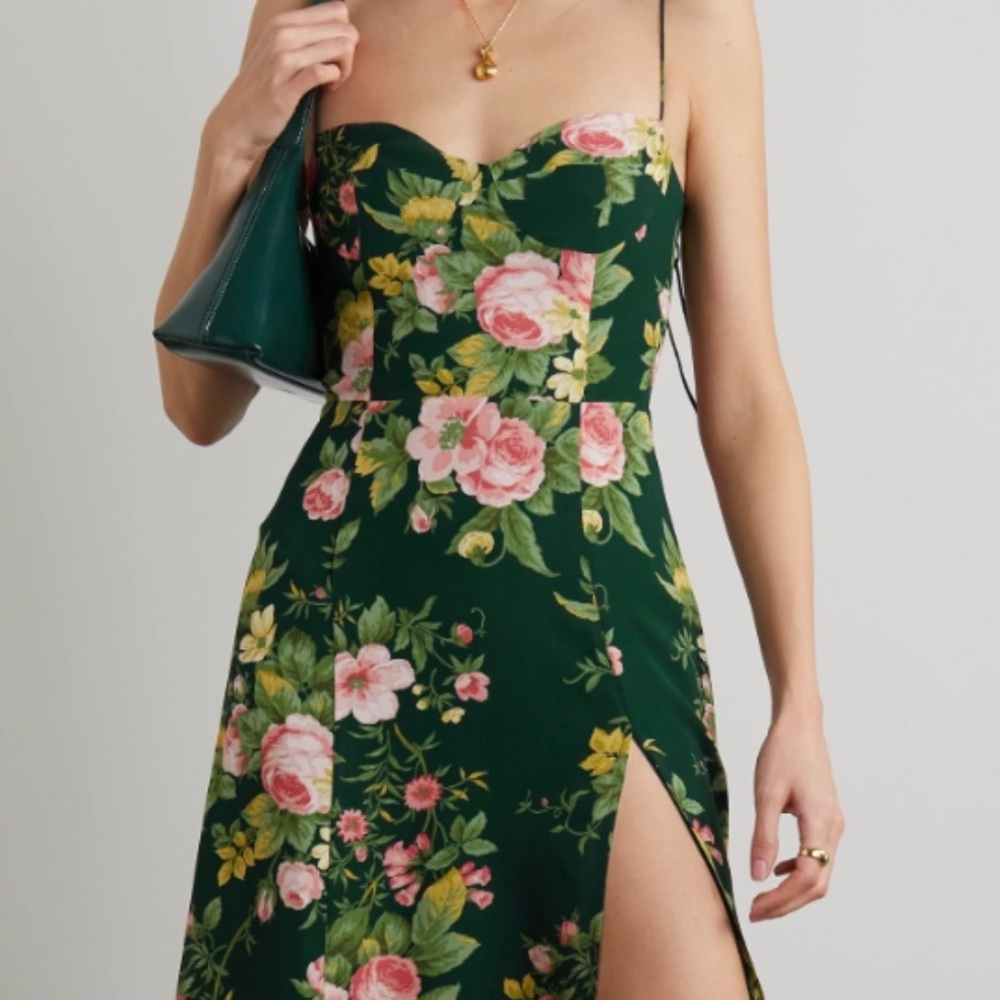 Reformation Dark Green Floral Midi Dress with Pink Roses